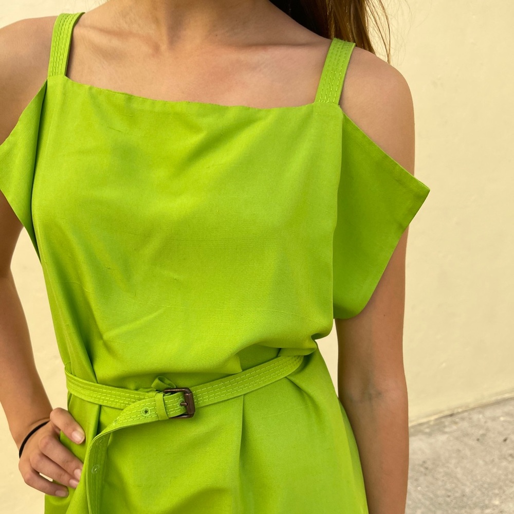 Bottega Veneta Lime Green Silk Dress Assenza Raw Silk Belted Dress with Pockets